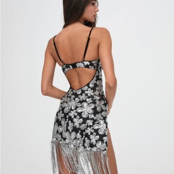 For Love And Lemons Black and Silver Floral Mini Dress - Picture 2 of 14